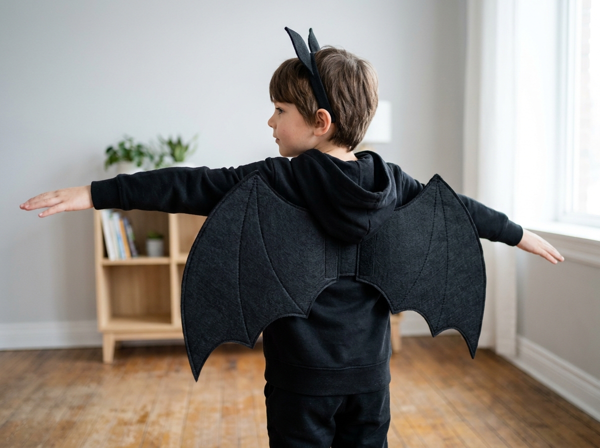 Niño con alas negras de murciélago sujetas a la espalda de una sudadera y brazos completamente libres.