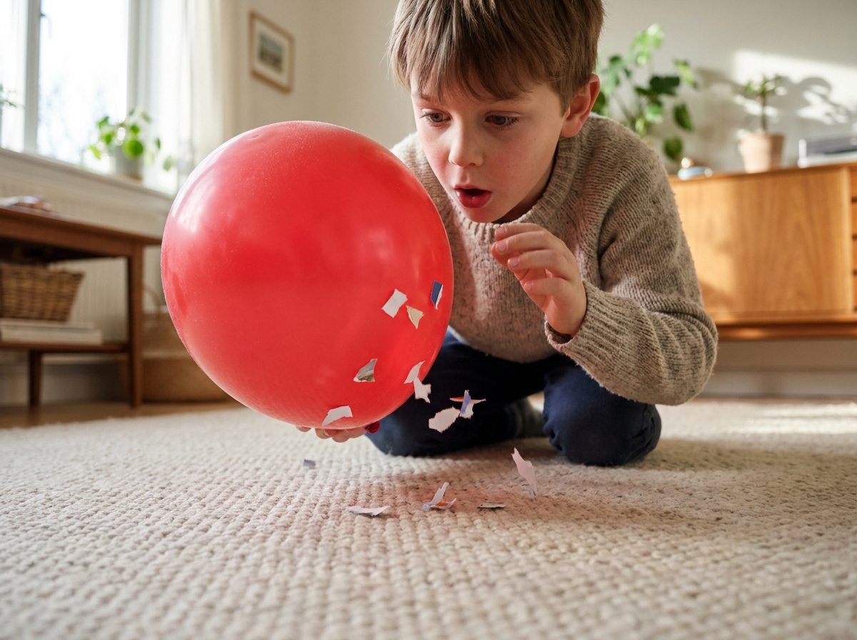 Niño acercando un globo cargado de electricidad estática a pequeños papeles que empiezan a levantarse del suelo.