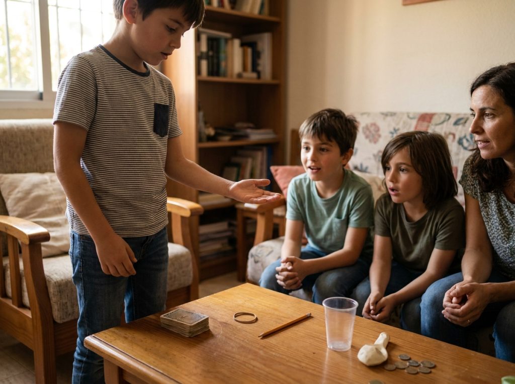 Niño realizando un truco con una moneda ante otros niños y un adulto mientras varias cartas, un lápiz y una goma esperan sobre la mesa.