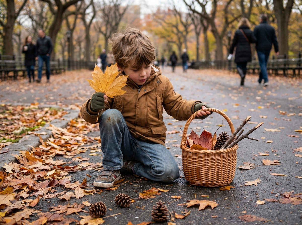 Niño recogiendo hojas caídas, piñas y ramas del suelo para hacer manualidades de otoño.