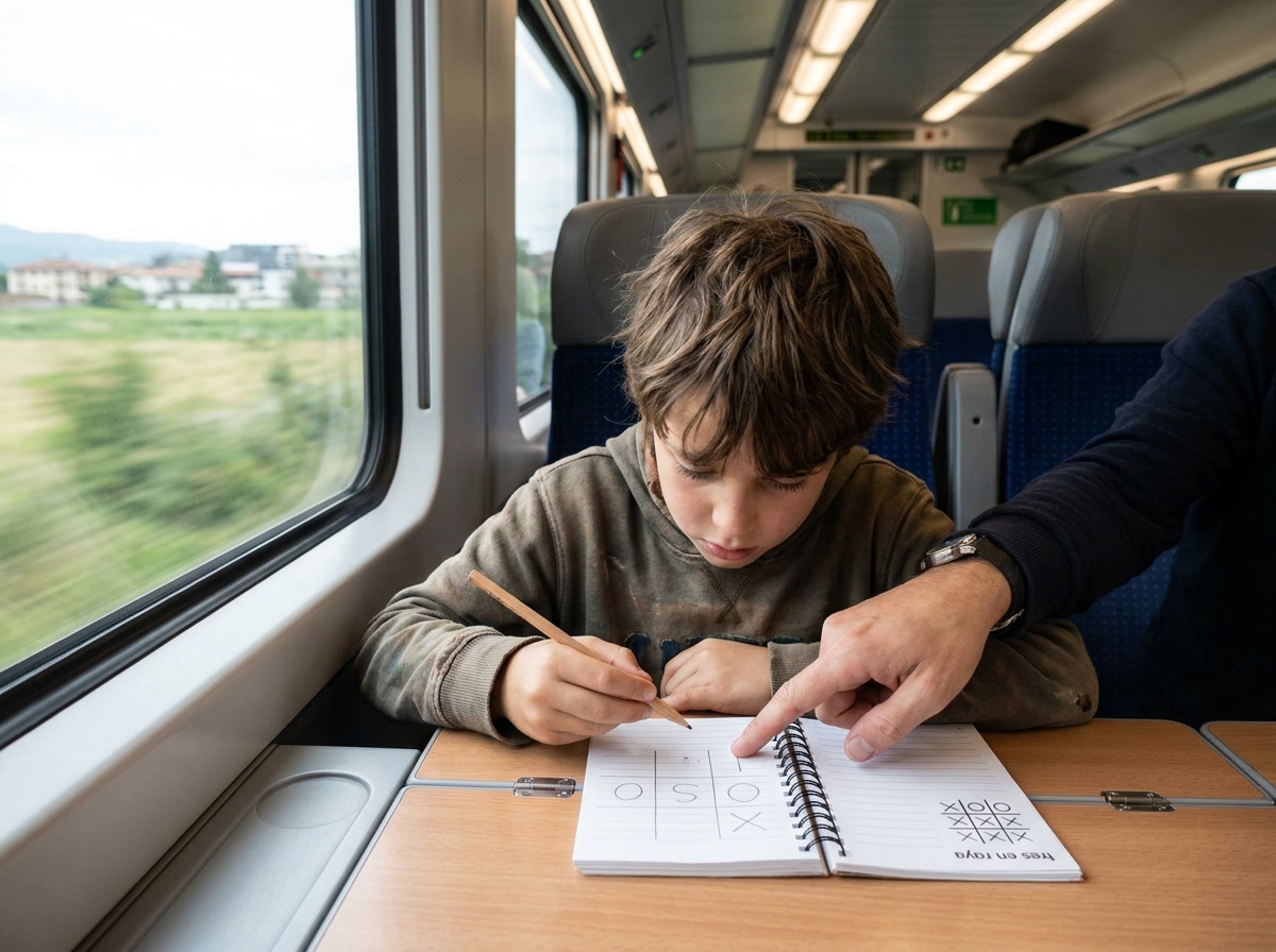 Un niño juega con una libreta y un lápiz durante un viaje en tren.
