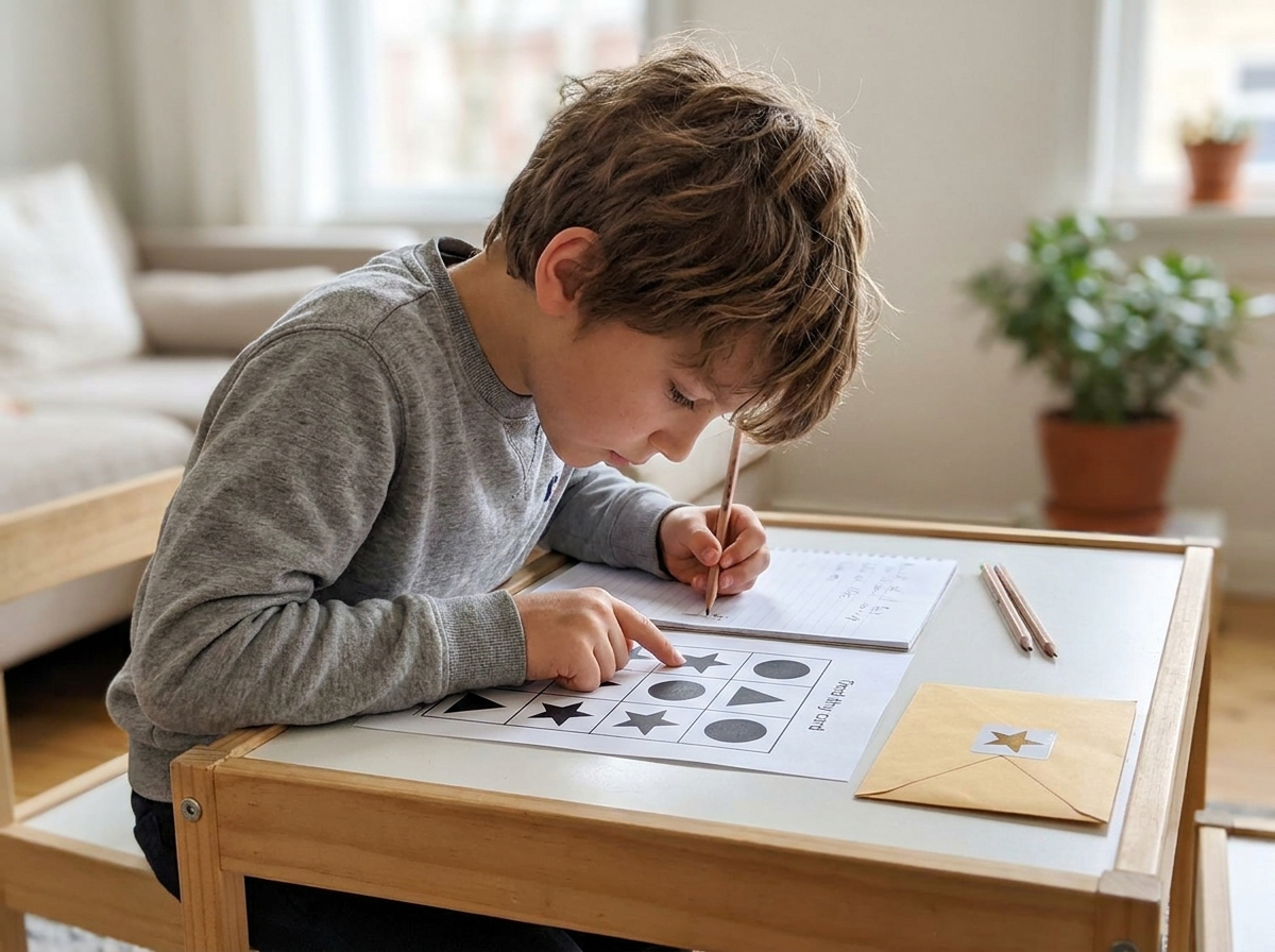 Un niño observa una cuadrícula de estrellas, círculos y triángulos para resolver un enigma visual.