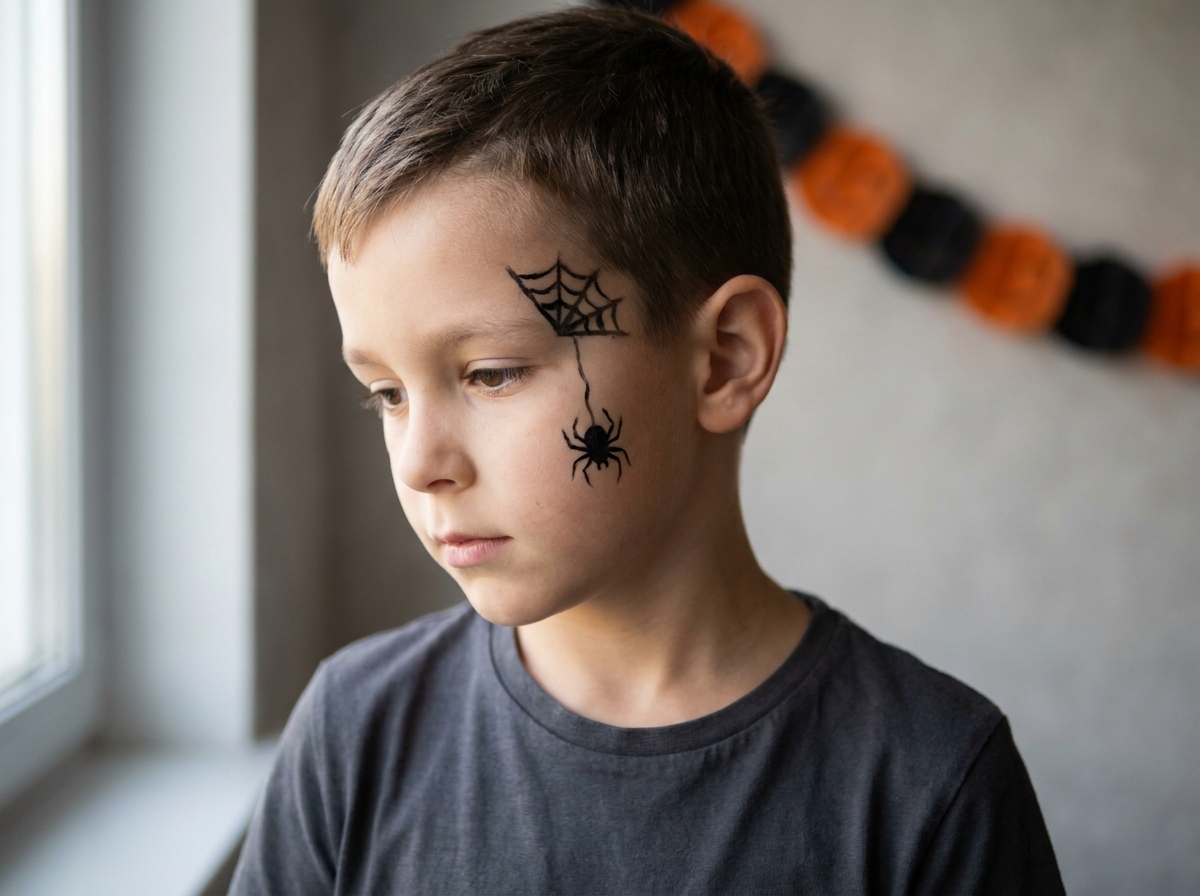 Niño con una telaraña en la frente y una pequeña araña pintada en la mejilla.