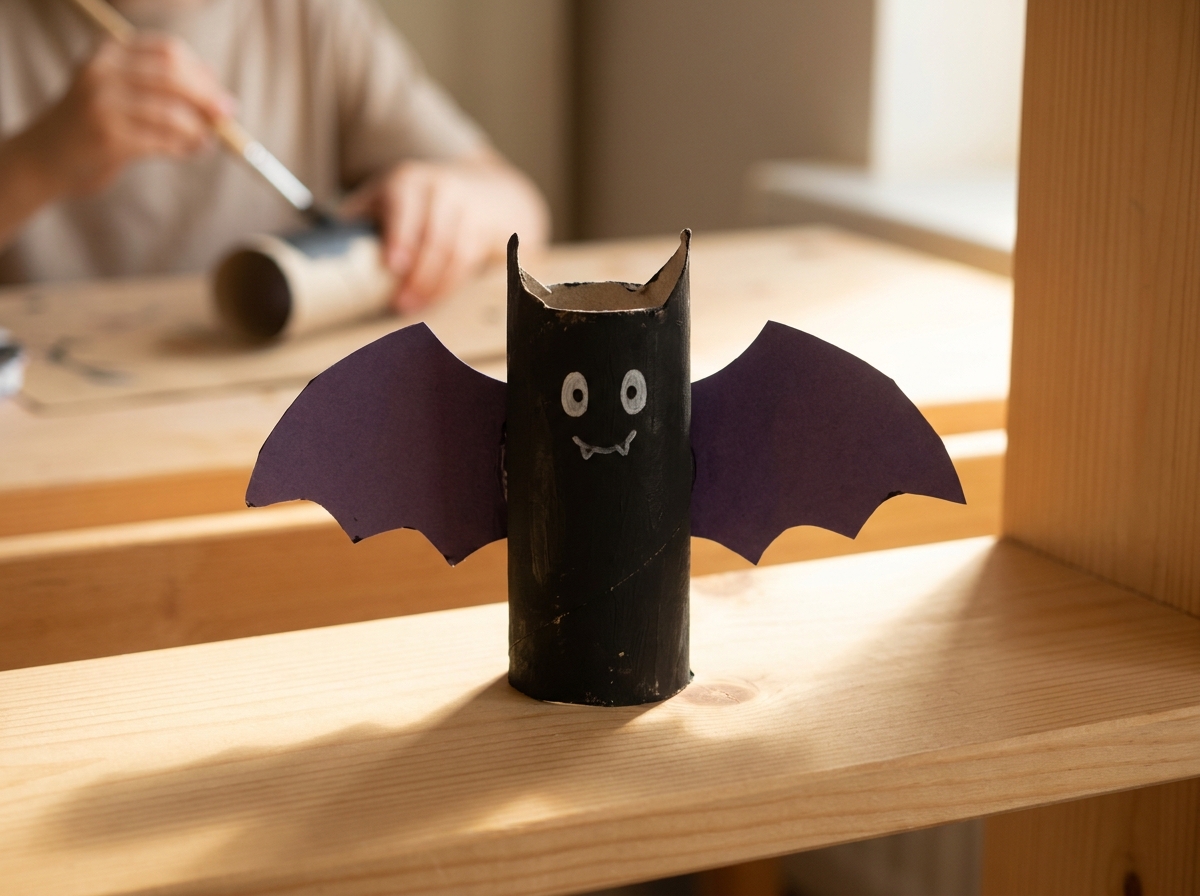 Murciélago de Halloween hecho con un tubo de cartón pintado y alas de cartulina.