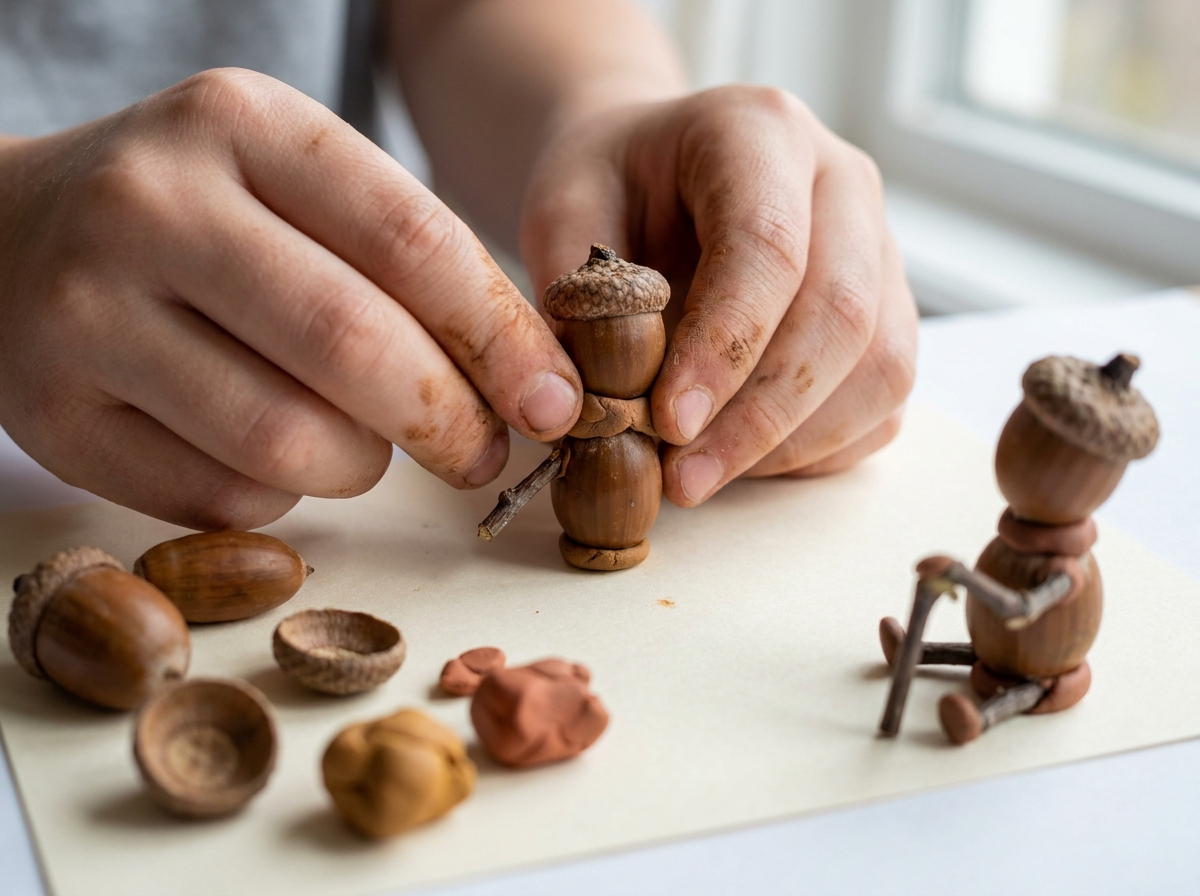 Manos de un niño uniendo bellotas, ramitas y plastilina para crear pequeños personajes.