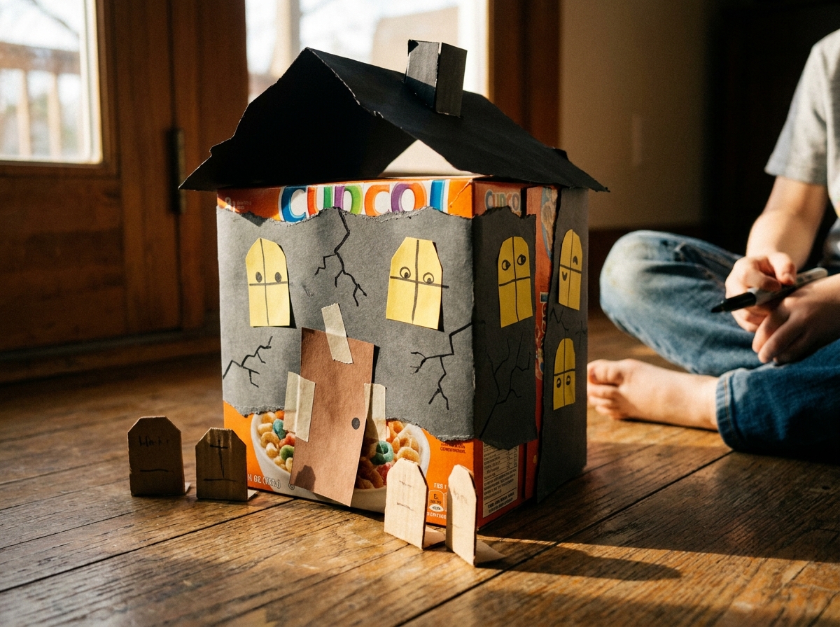 Casa encantada infantil construida con una caja de cereales, cartulina, ventanas y pequeñas lápidas.
