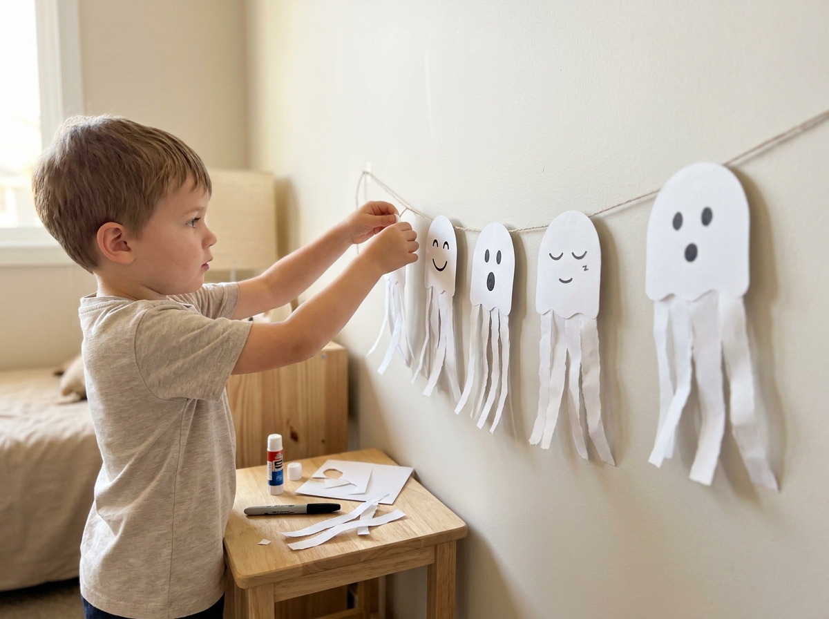 Niño colocando varios fantasmas de papel hechos con cartulina blanca y tiras rasgadas.