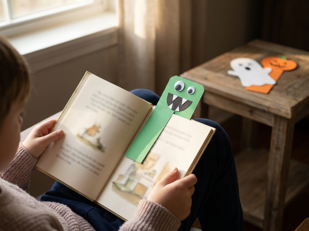 Marcapáginas de cartulina con forma de monstruo colocado entre las páginas de un libro infantil.