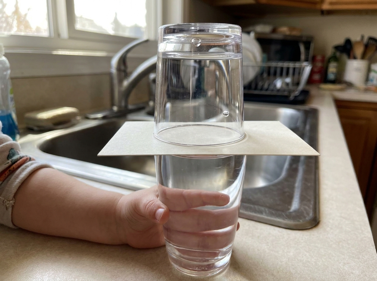 Vaso de plástico lleno de agua boca abajo con una tarjeta que permanece pegada y evita que el agua caiga.