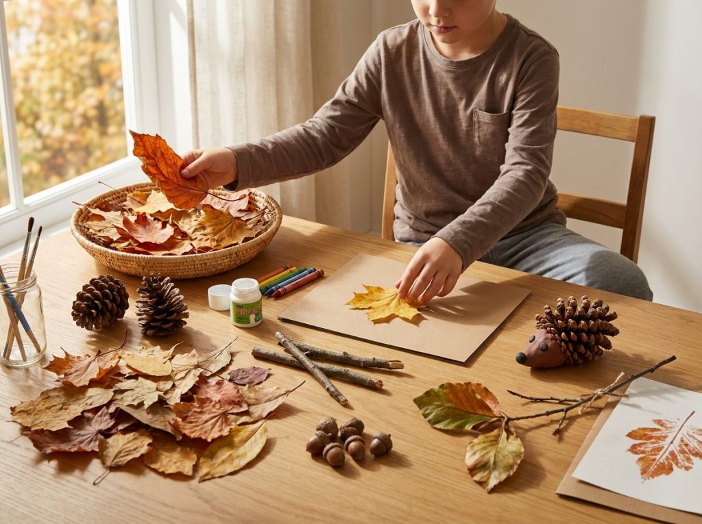 Niño preparando manualidades de otoño con hojas, piñas, ramas y otros materiales naturales.
