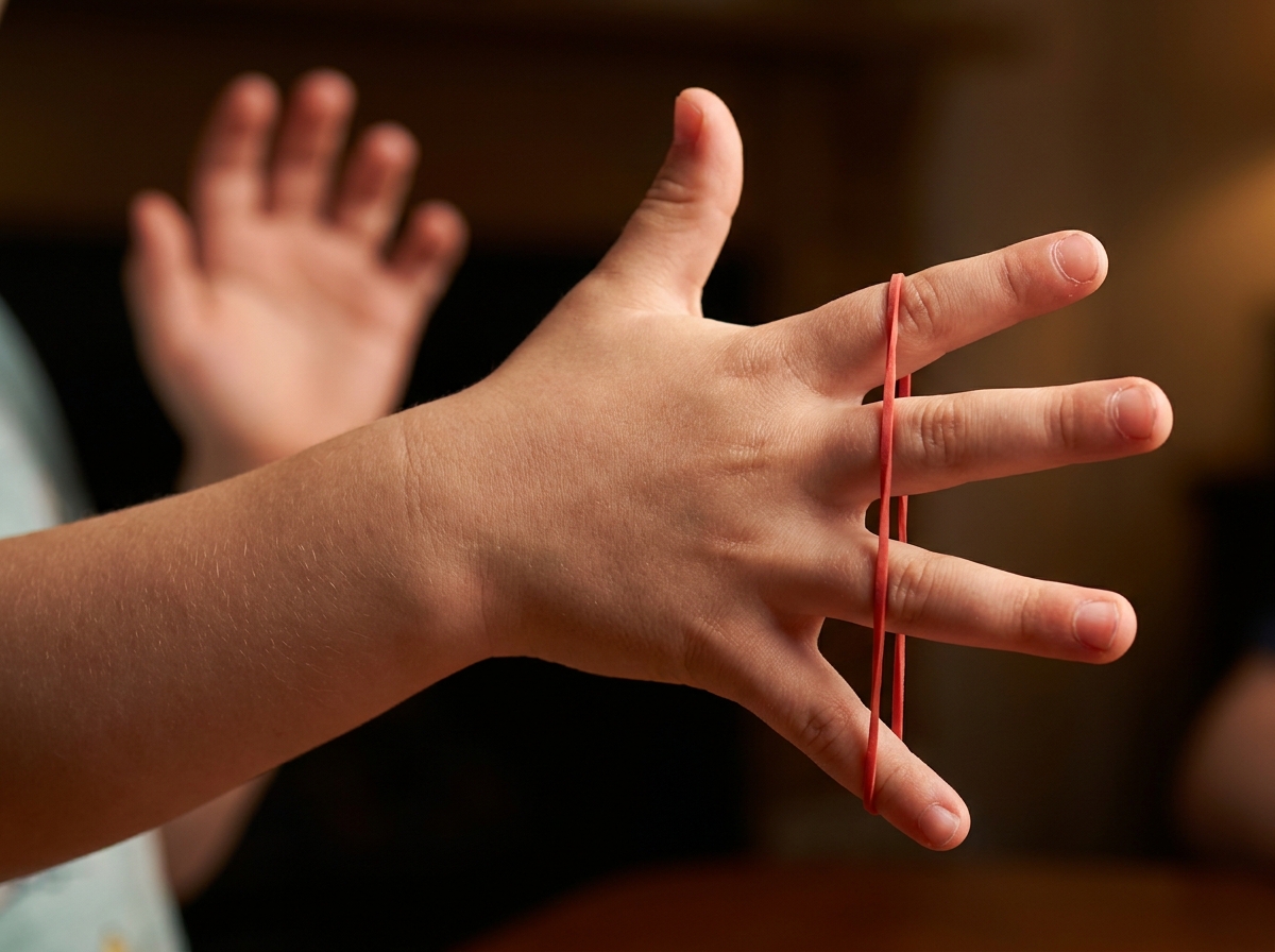 Goma elástica alrededor del anular y el meñique después de un truco de salto entre los dedos.