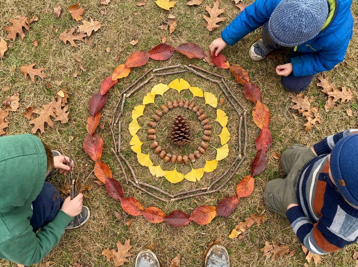 Tres niños construyendo en el suelo un mandala circular con hojas, piñas, bellotas y ramas.