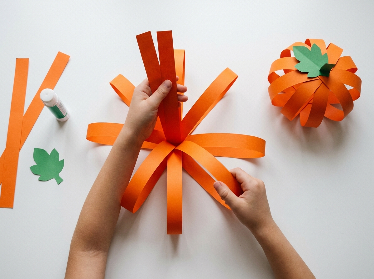 Manos infantiles curvando tiras de cartulina naranja para formar una calabaza tridimensional.