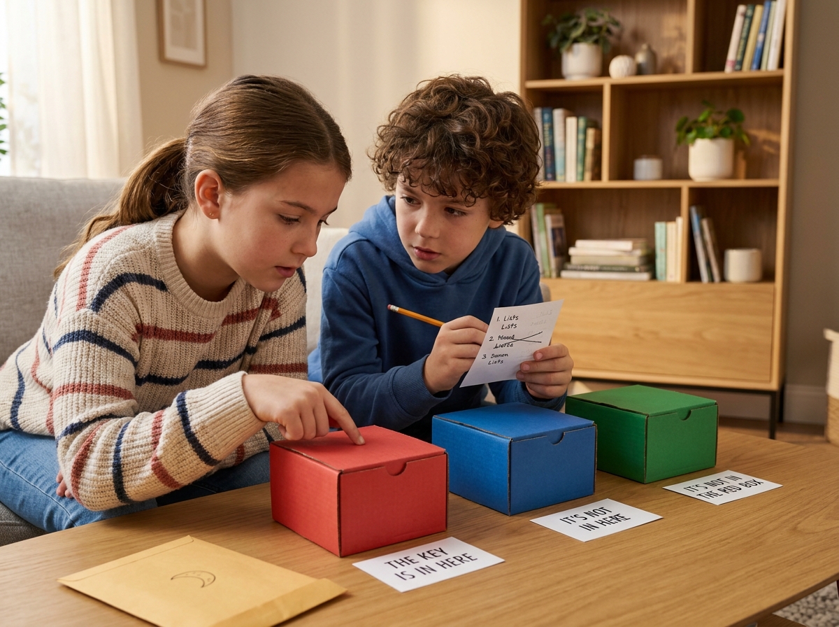 Dos niños comparan tres cajas de colores y anotan posibilidades para resolver un enigma lógico.