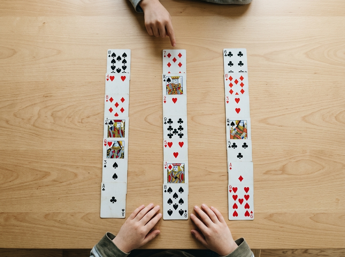 Veintiuna cartas repartidas en tres columnas mientras un niño señala dónde está su carta elegida.