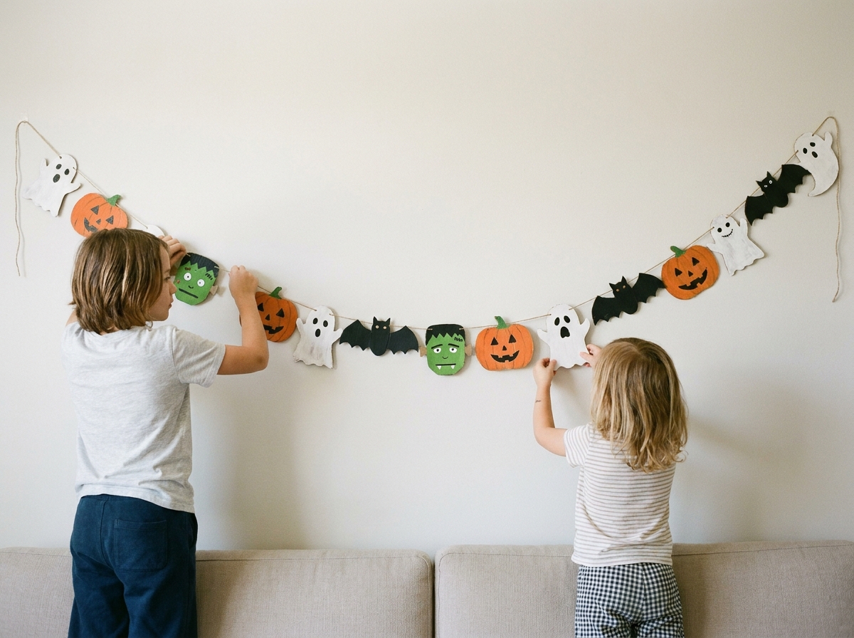 Dos niños cuelgan una guirnalda hecha con fantasmas, calabazas, murciélagos y monstruos de cartulina.