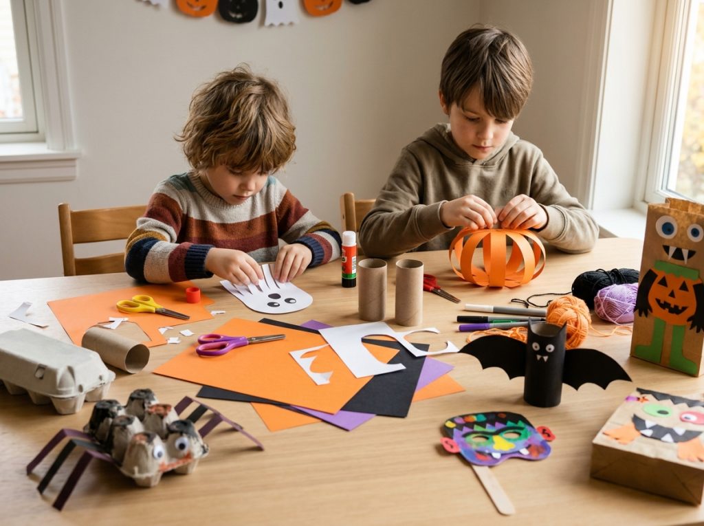Dos niños hacen manualidades de Halloween con cartulina, cartón y otros materiales sencillos sobre una mesa.