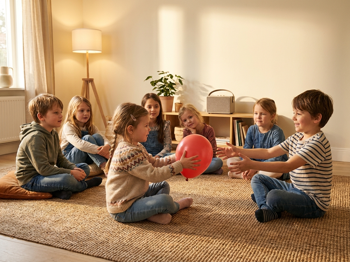 Niños sentados en círculo pasándose un globo durante un juego tranquilo sin eliminaciones.