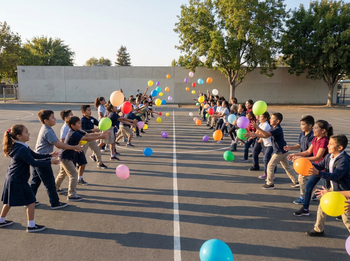 Dos equipos de niños pasando globos de un campo a otro en un patio amplio.