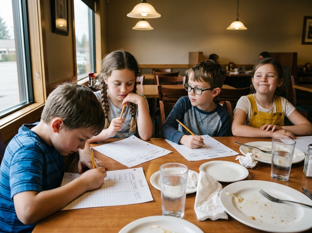 Cuatro niños juegan a Stop escribiendo palabras en columnas durante una sobremesa.
