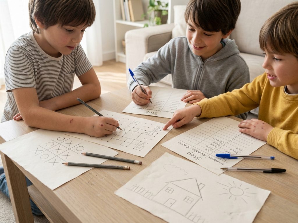 Tres niños juegan con distintas hojas de papel y lápices alrededor de una mesa.