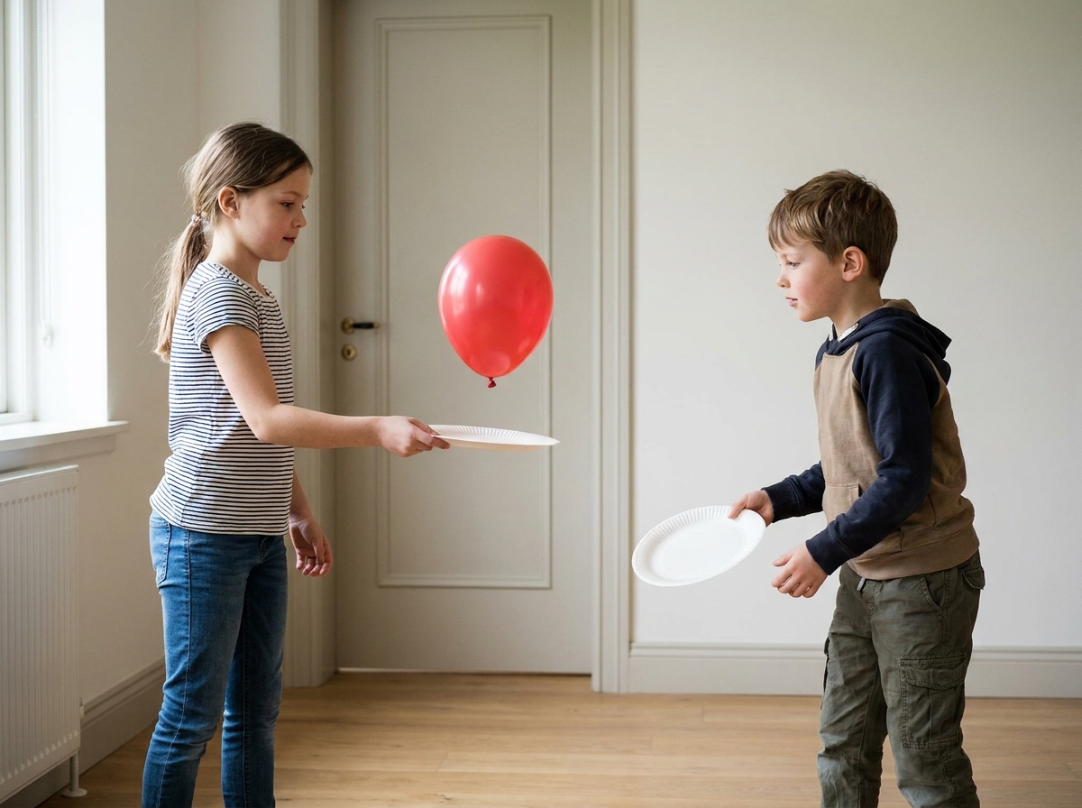 Dos niños jugando a tenis con un globo y platos de cartón como raquetas.