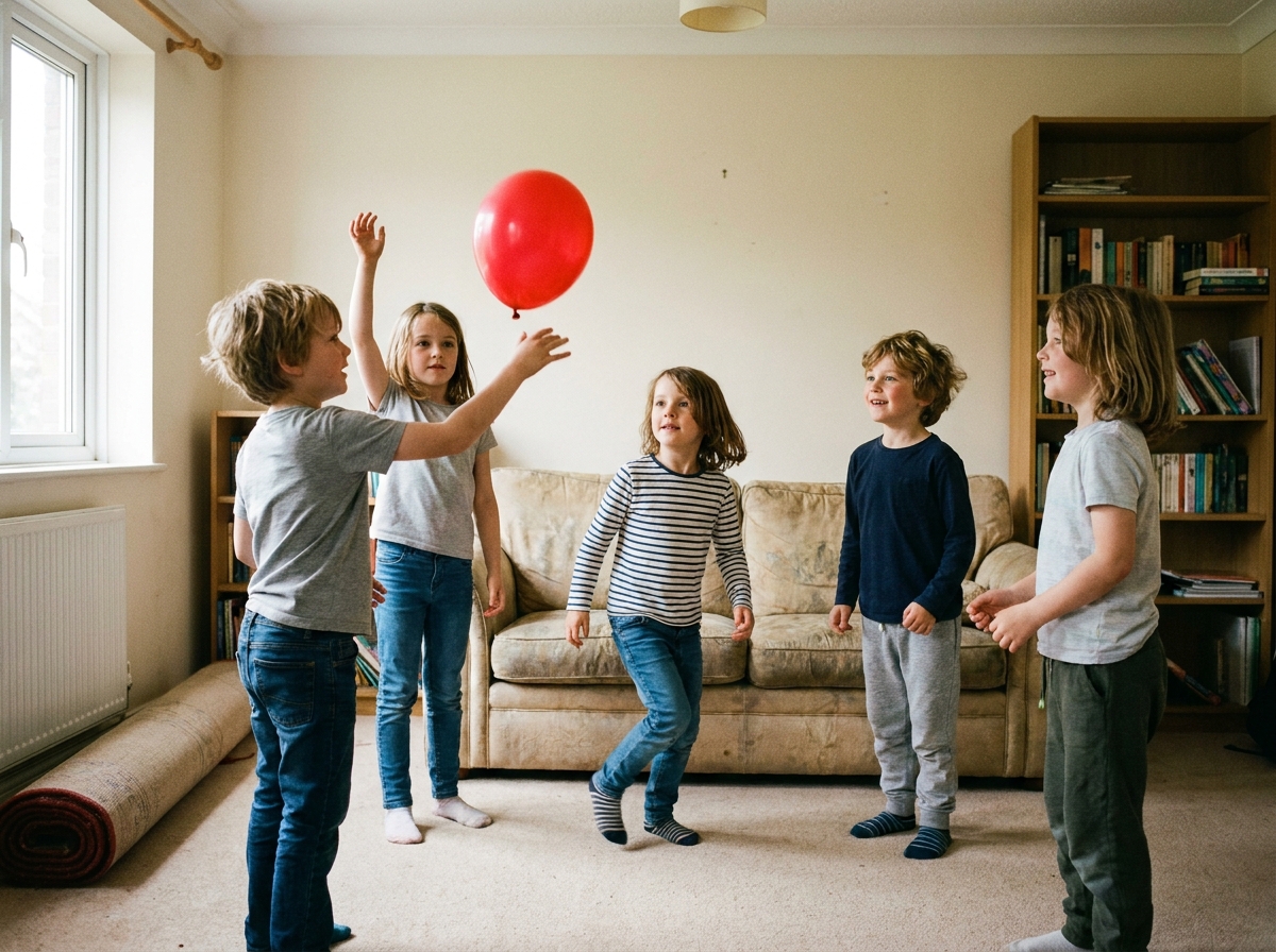 Cinco niños intentando mantener un globo en el aire sin que toque el suelo.