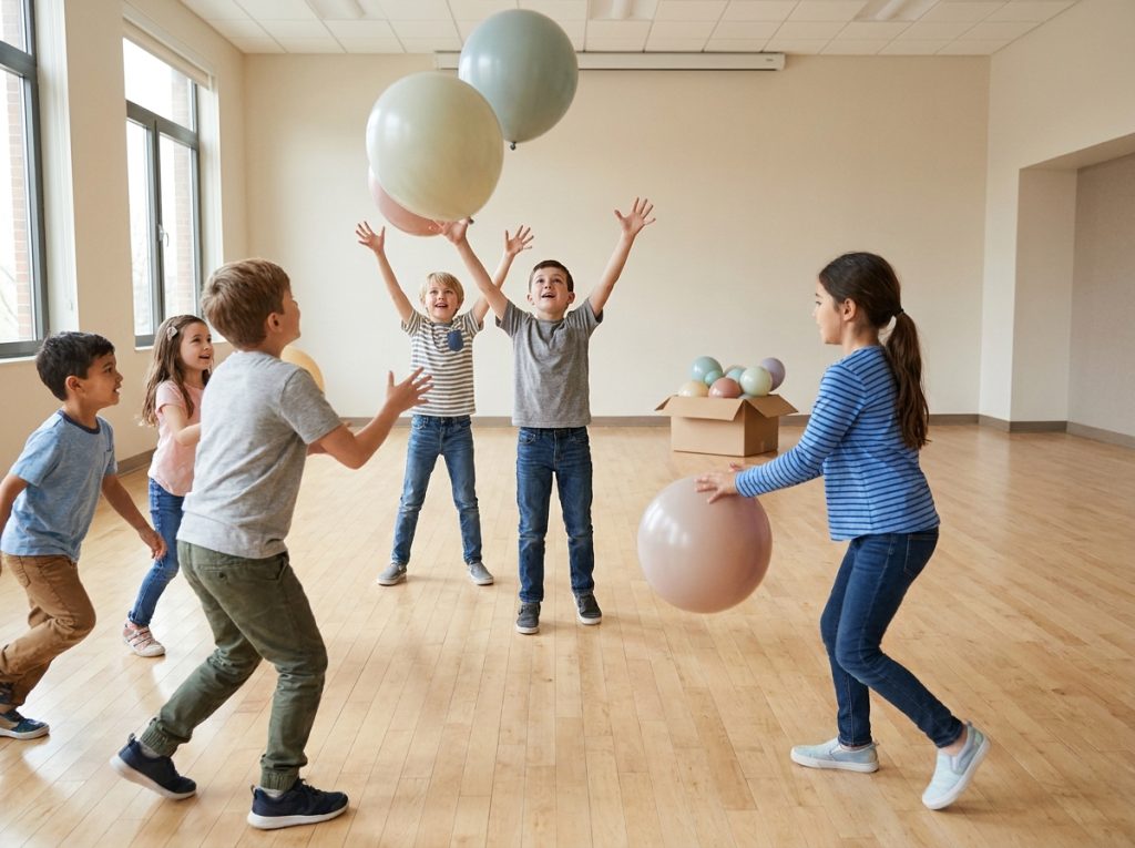 Niños jugando juntos con varios globos en una sala amplia y despejada.