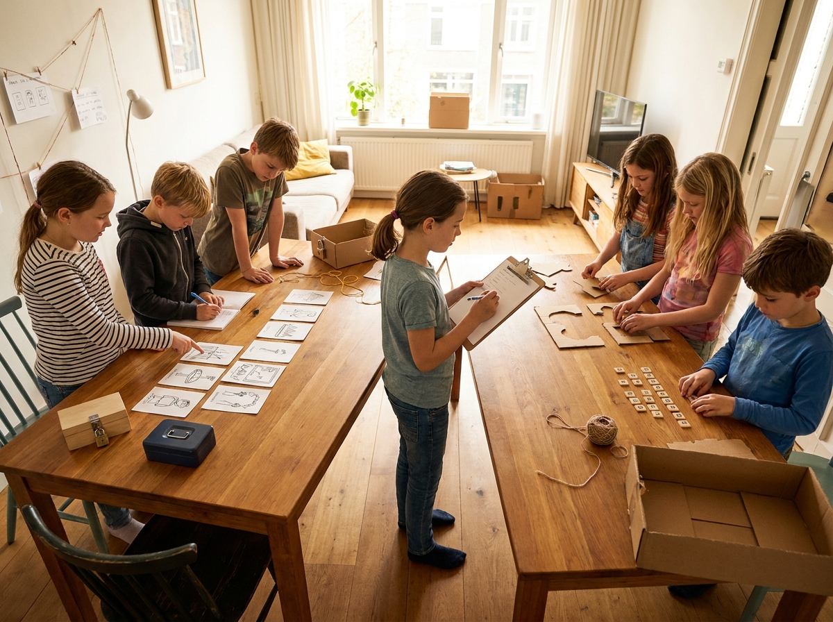 Siete niños trabajan repartidos en pequeños equipos mientras resuelven distintos enigmas de un mismo escape room.