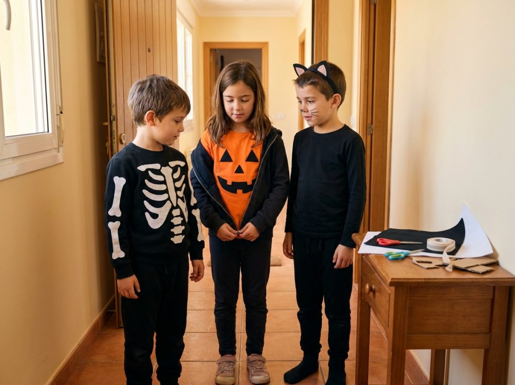 Tres niños con disfraces caseros de esqueleto, calabaza y gato preparados para Halloween.
