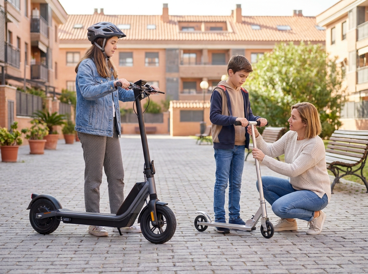 Adolescente con patinete eléctrico junto a un niño más pequeño con patinete convencional.