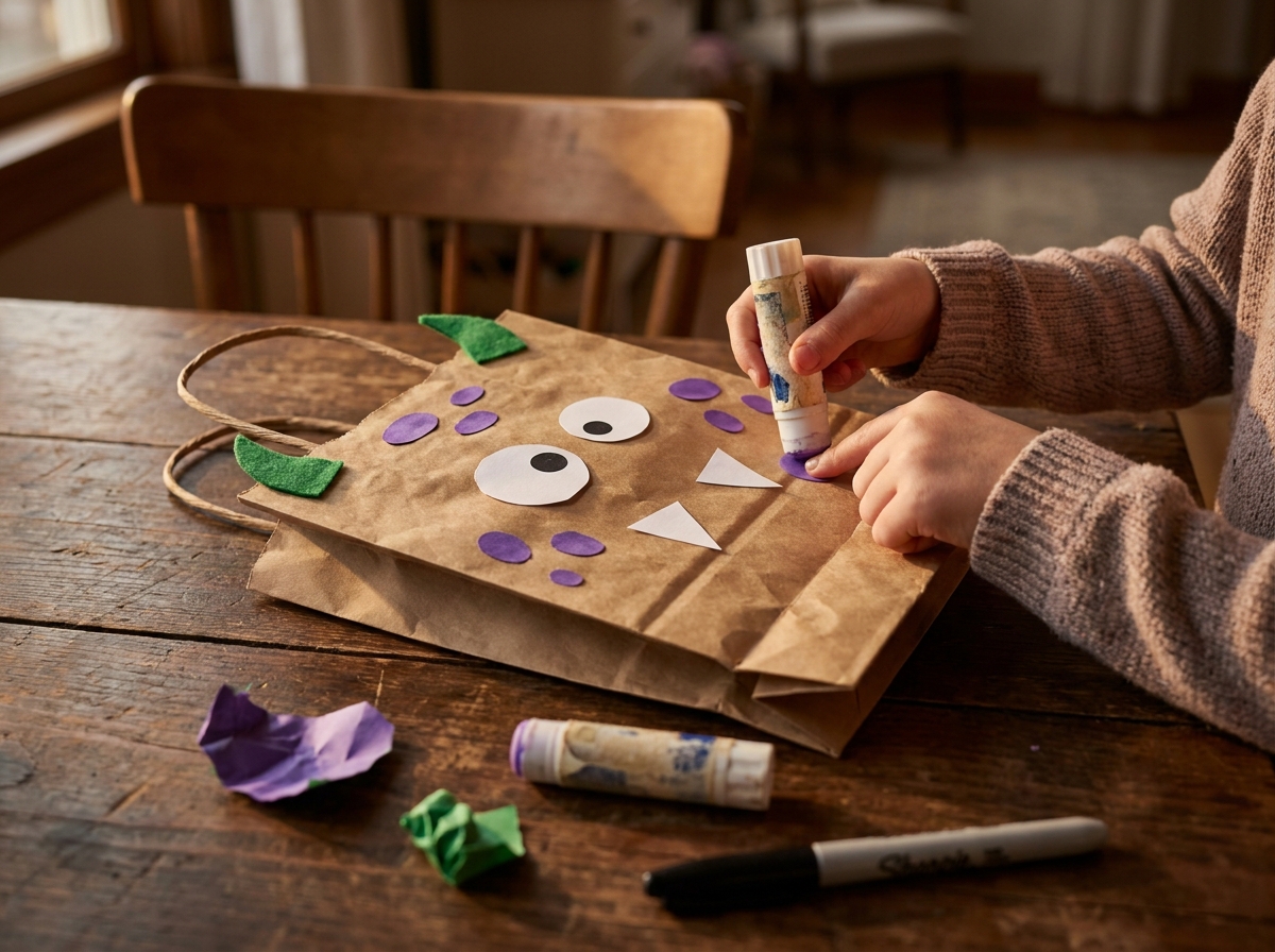 Niña terminando de decorar una bolsa de papel como monstruo para pedir chuches en Halloween.