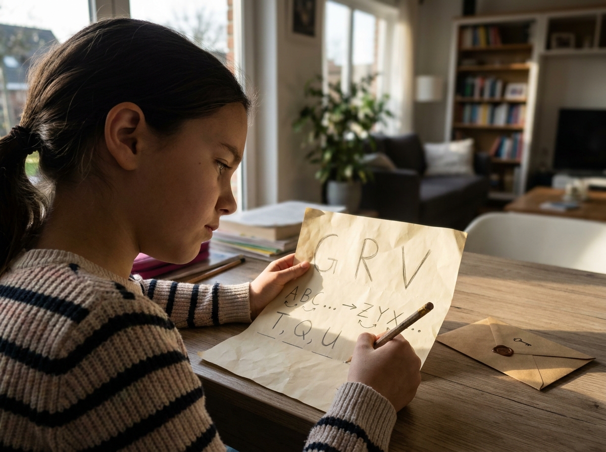 Una niña descifra las letras G, R y V utilizando desplazamientos del alfabeto en una hoja de papel.