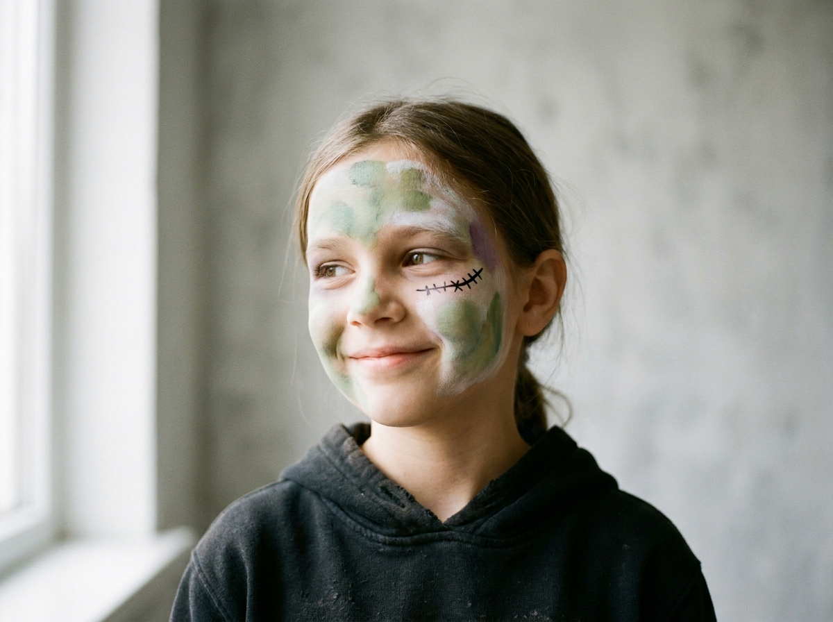 Niña con maquillaje sencillo de zombi formado por manchas verdes y una costura negra en la mejilla.