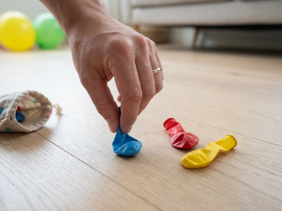 Mano adulta recogiendo los restos de un globo roto del suelo antes de continuar el juego.