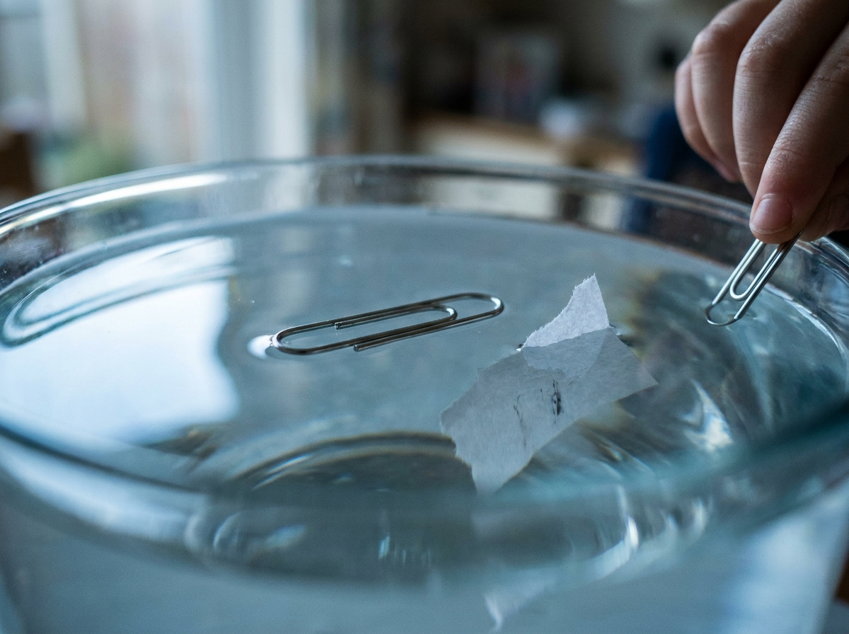 Clip metálico flotando sobre la superficie del agua mientras un pequeño papel se hunde debajo.