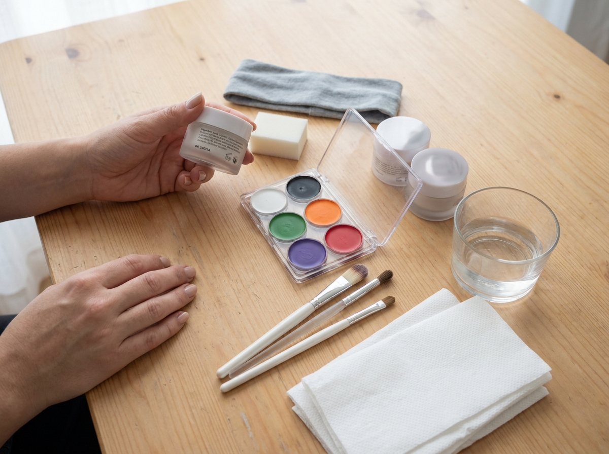 Maquillaje facial al agua, pinceles, esponja y otros materiales preparados sobre una mesa.
