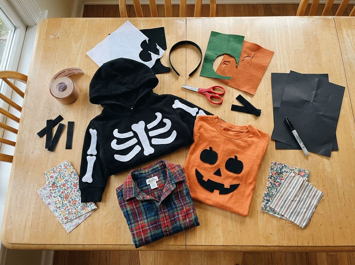 Ropa negra y naranja, fieltro, cartulina y materiales sencillos preparados para hacer disfraces de Halloween sin coser.