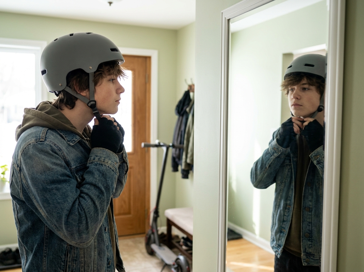 Adolescente ajustando y abrochando correctamente el casco antes de usar un patinete eléctrico.