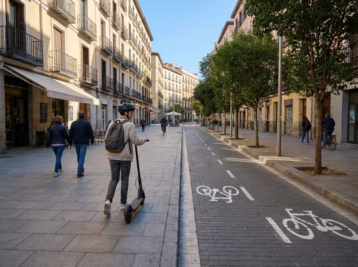 Adolescente caminando con su patinete eléctrico por la acera junto a un carril ciclista.