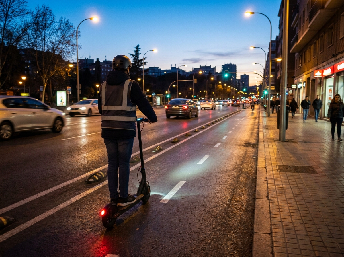 Adolescente circulando de noche en patinete eléctrico con casco, luces y elemento reflectante.