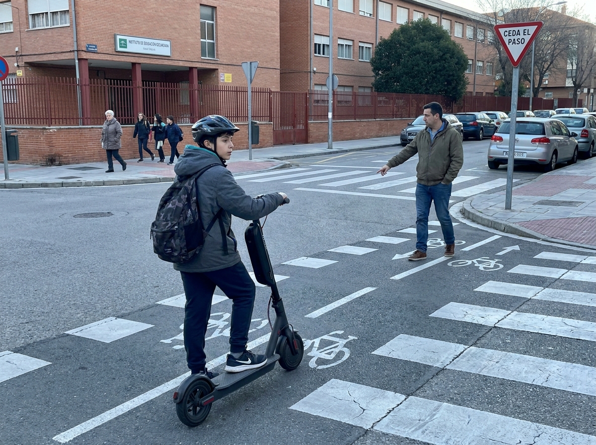 Adolescente practicando con un adulto un cruce urbano antes de hacer solo el trayecto en patinete eléctrico.