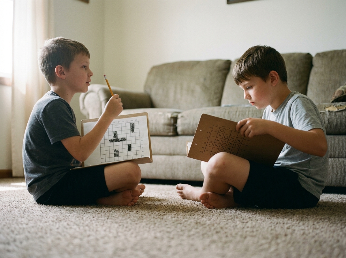 Dos niños juegan a batalla naval ocultando sus cuadrículas de papel.