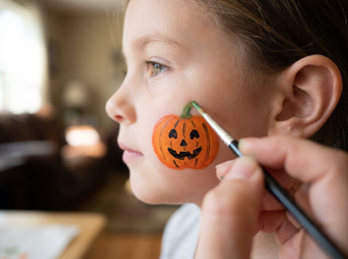 Pequeña calabaza naranja de Halloween pintada en la mejilla de una niña.