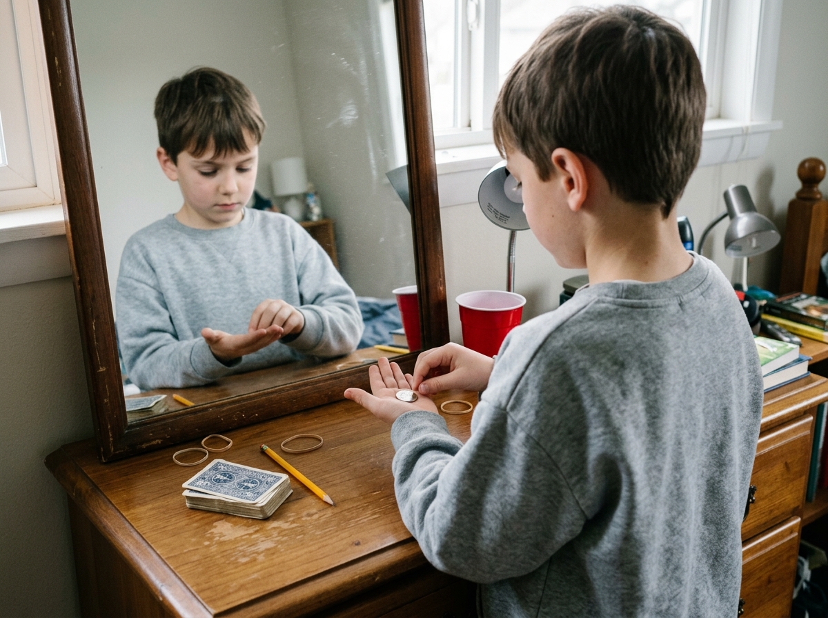 Niño practicando un truco con una moneda frente a un espejo mientras observa sus propios movimientos.
