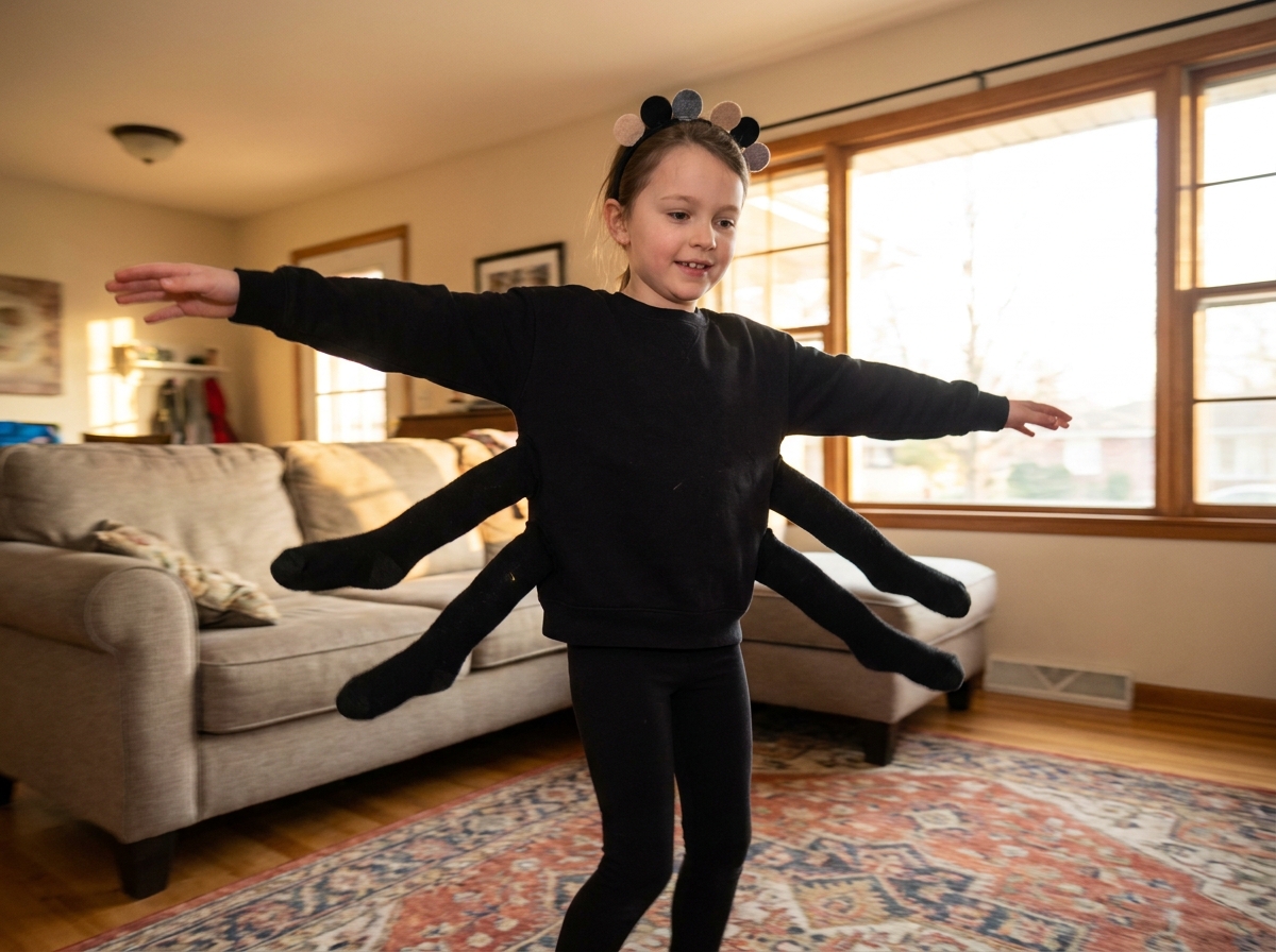 Niña con disfraz casero de araña y cuatro patas de tela negra sujetas a la sudadera.